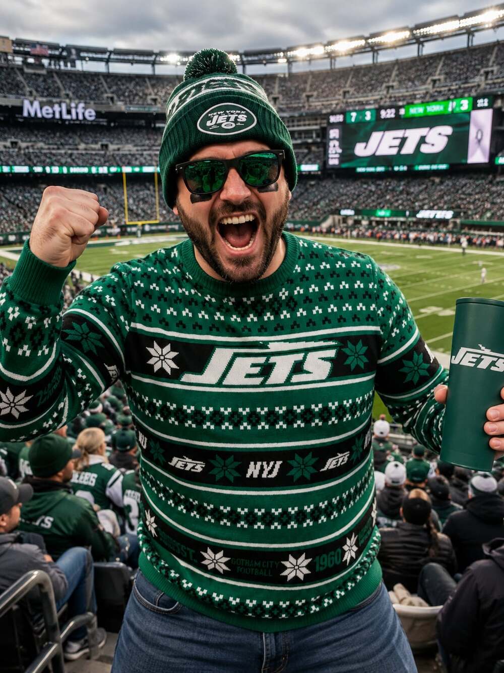 FOCO NFL New York Jets Busy Block Ugly Christmas Pullover Sweater